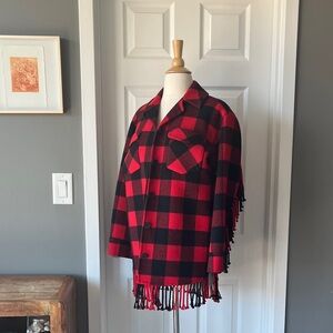 Sandro fringe red buffalo check plaid jacket